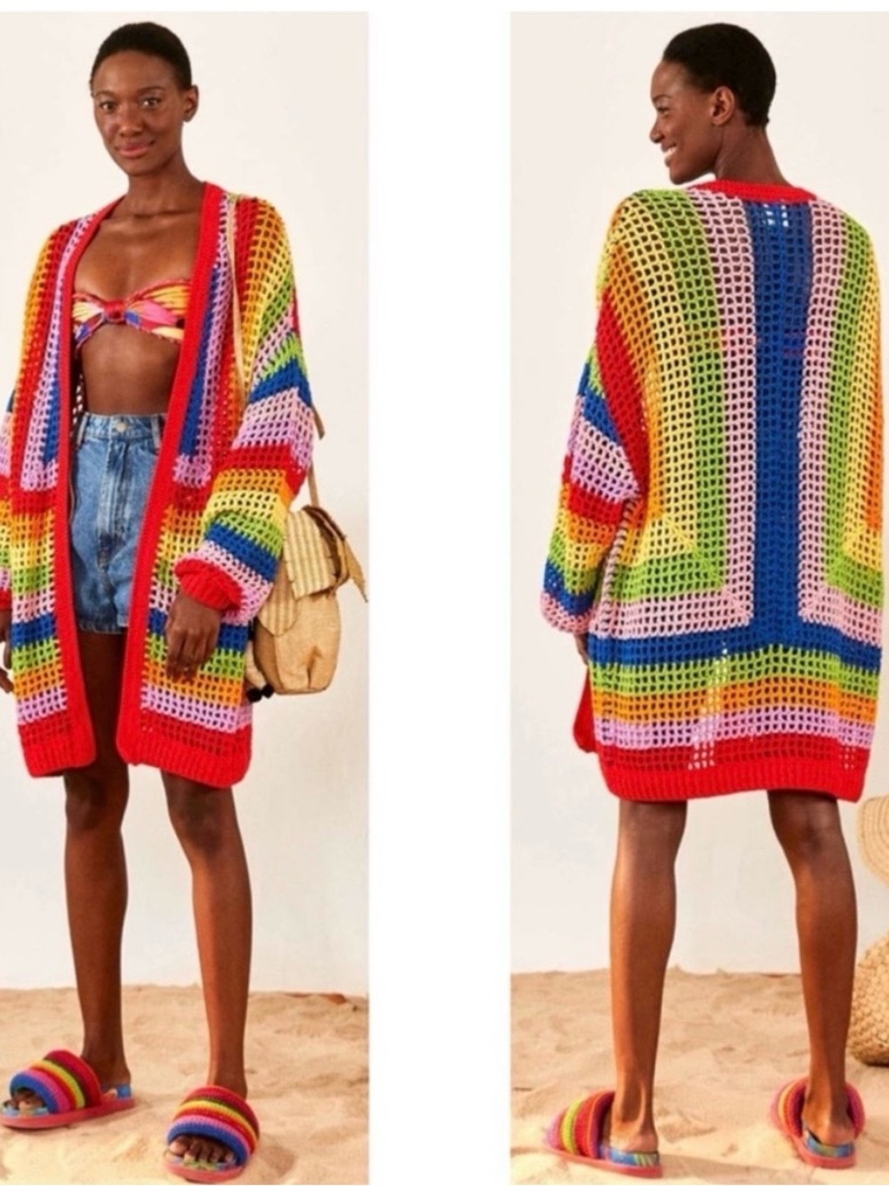 Farm Rio 🌈 100% cotton Rainbow handmade Crochet Open Cardigan colorful dopamine